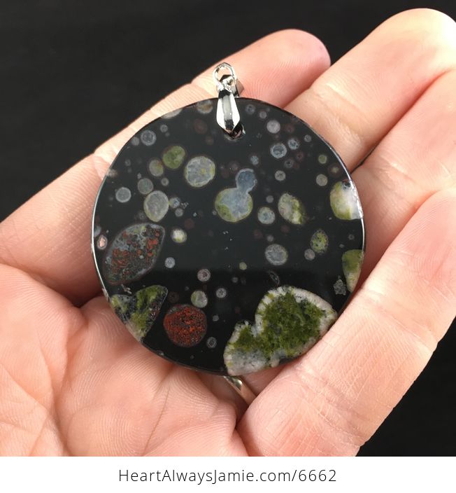 Round Black and Colorful Plum Blossom Jasper Stone Jewelry Pendant - #Ku9goBP1yrc-6