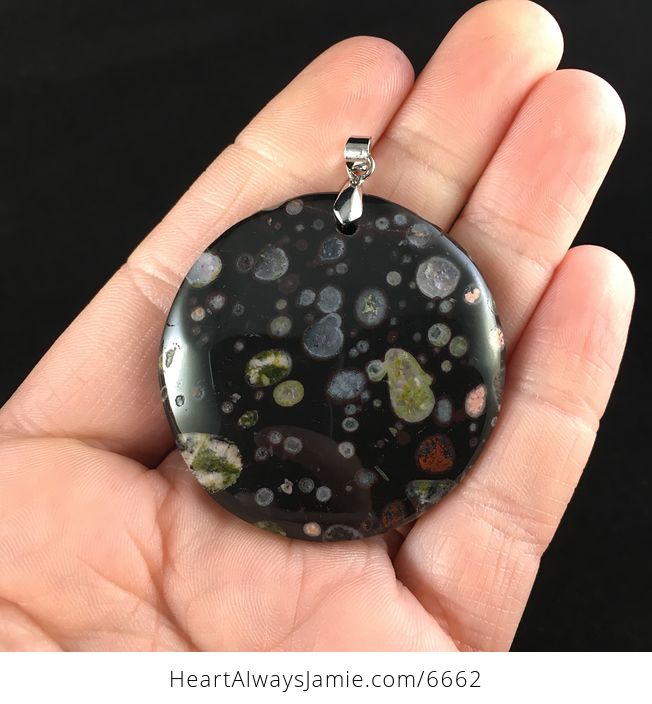 Round Black and Colorful Plum Blossom Jasper Stone Jewelry Pendant - #Ku9goBP1yrc-1