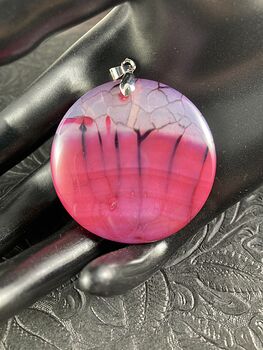 Round Black and Pink Dragon Vein Agate Stone Jewelry Pendant #KSJUyI8bCeU