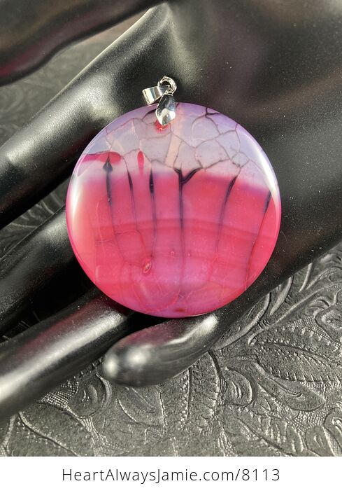 Round Black and Pink Dragon Vein Agate Stone Jewelry Pendant - #KSJUyI8bCeU-1