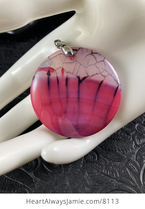 Round Black and Pink Dragon Vein Agate Stone Jewelry Pendant - #KSJUyI8bCeU-6