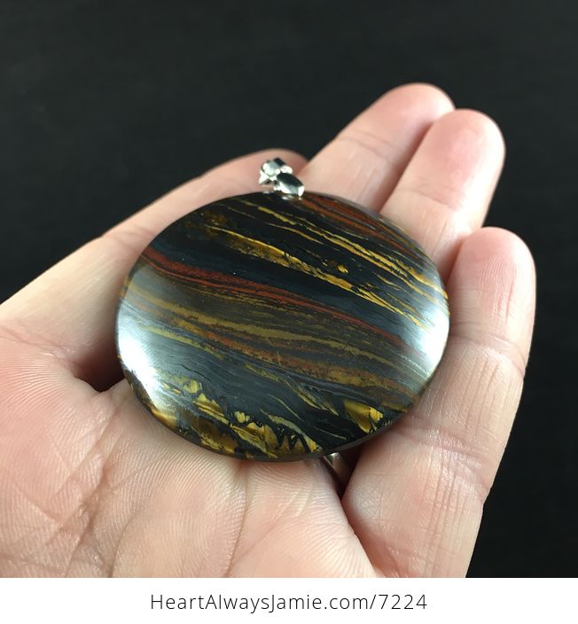 Round Black Red and Yellow Tigers Eye Stone Jewelry Pendant - #mE4R8Rc1qnE-3