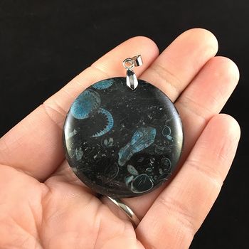 Round Blue and Black Crinoid Fossil Stone Jewelry Pendant #qTnYYYd3g8Y