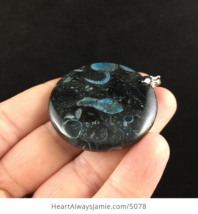Round Blue and Black Crinoid Fossil Stone Jewelry Pendant - #qTnYYYd3g8Y-3