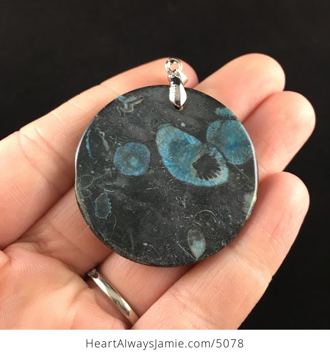Round Blue and Black Crinoid Fossil Stone Jewelry Pendant - #qTnYYYd3g8Y-6
