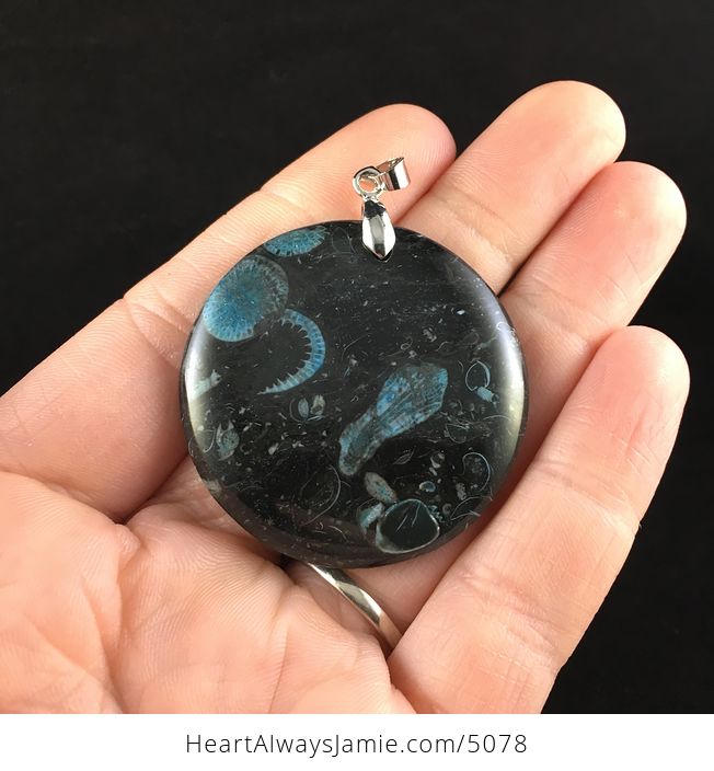 Round Blue and Black Crinoid Fossil Stone Jewelry Pendant - #qTnYYYd3g8Y-1