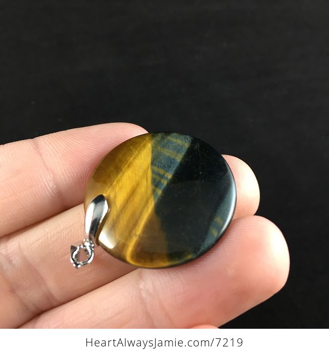 Round Blue and Golden Yellow Tigers Eye Stone Jewelry Pendant - #HOnZUVqDoXQ-3