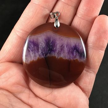 Round Brown and Beautiful Purple Druzy Agate Stone Pendant #GvItQdtozhQ