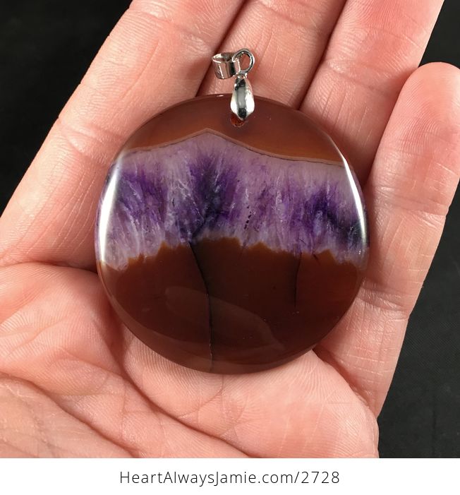 Round Brown and Beautiful Purple Druzy Agate Stone Pendant - #GvItQdtozhQ-1