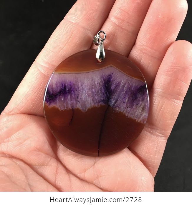Round Brown and Beautiful Purple Druzy Agate Stone Pendant Necklace - #GvItQdtozhQ-2
