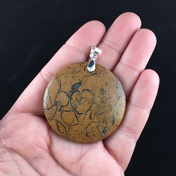 Round Brown and Black Calligraphy Stone Jewelry Pendant #7OJ0361LIJc