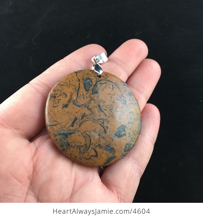 Round Brown and Black Elephant Skin Jasper Stone Jewelry Pendant - #MjDdv2US12Y-2