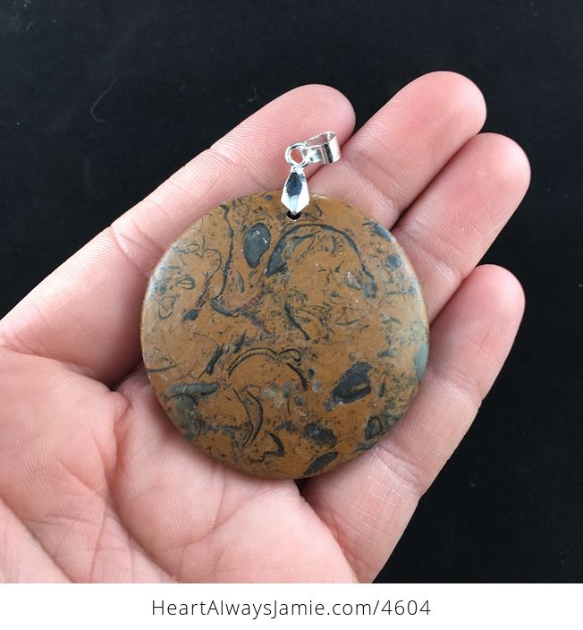 Round Brown and Black Elephant Skin Jasper Stone Jewelry Pendant - #MjDdv2US12Y-1