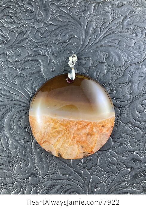 Round Brown and Orange Druzy Agate Stone Pendant Aka Mars Horizon - #xzfMKqFeyHg-3