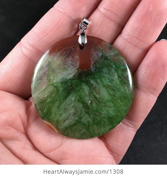 Round Brown and Stunning Green Druzy Agate Stone Pendant - #g1khD9atBQM-1