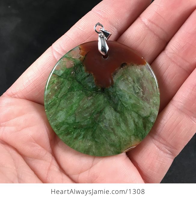 Round Brown and Stunning Green Druzy Agate Stone Pendant Necklace - #g1khD9atBQM-2