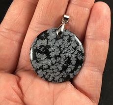 Round Gray and Black Snowflake Obsidian Stone Pendant #1C8HAdSNZa0