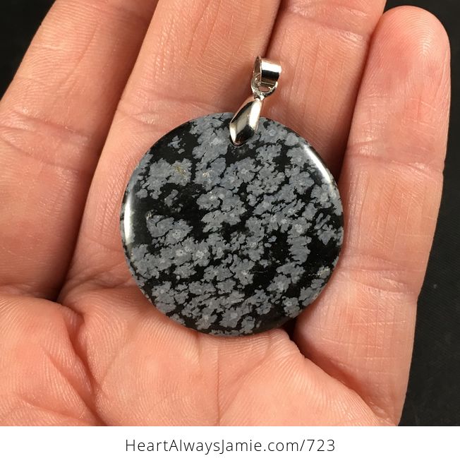Round Gray and Black Snowflake Obsidian Stone Pendant - #1C8HAdSNZa0-1