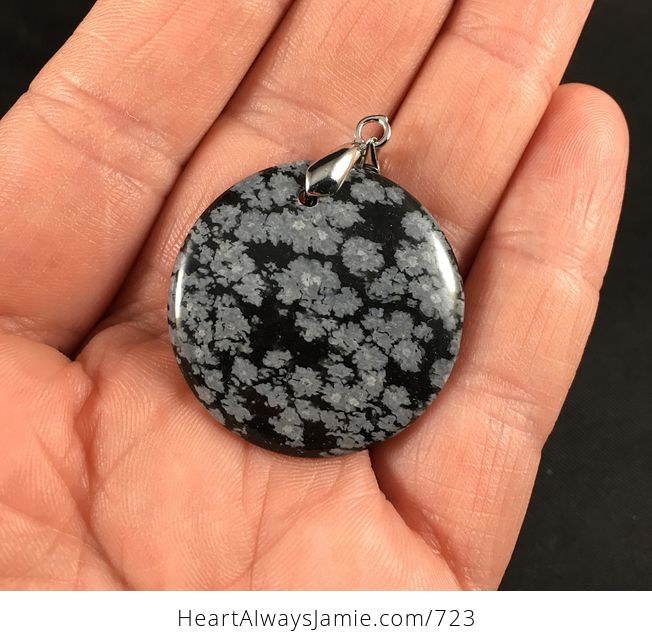 Round Gray and Black Snowflake Obsidian Stone Pendant Necklace - #1C8HAdSNZa0-2
