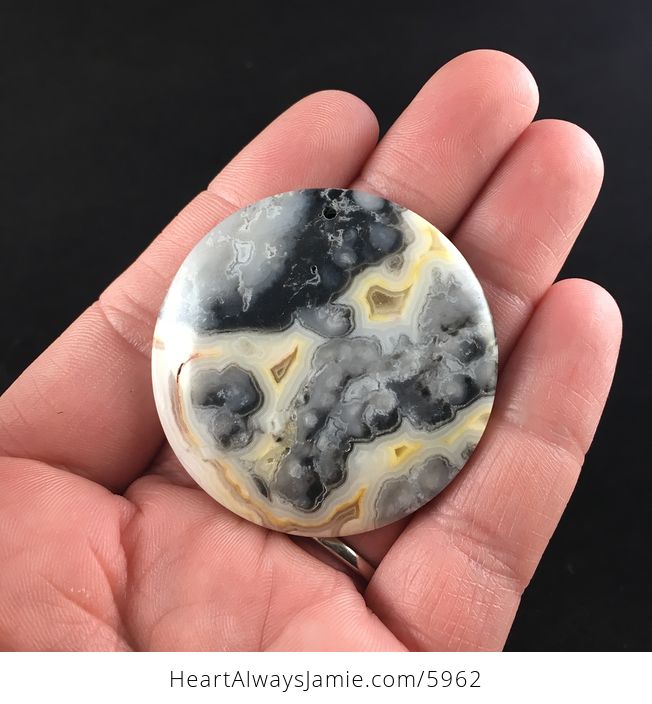Round Gray and Yellow Crazy Lace Agate Stone Jewelry Pendant - #ZAJdfzRiKyU-1