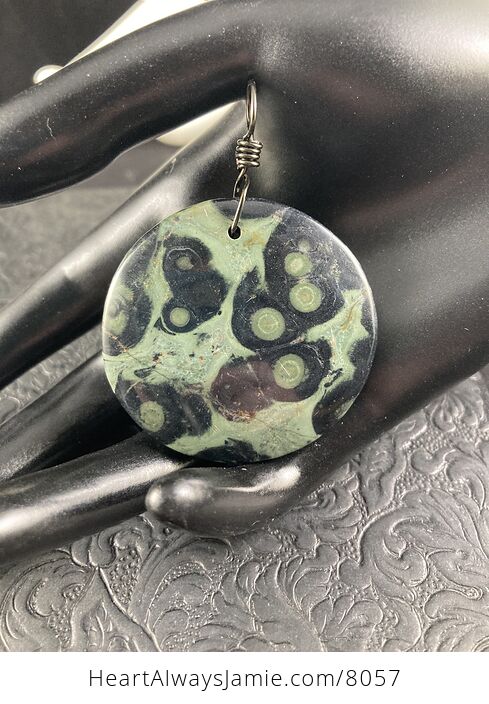 Round Green and Black Swirly Kambaba Jasper Rhyolite Stone Pendant - #BN6jUjVMeVY-1