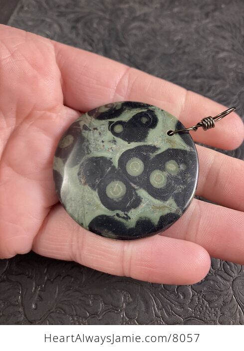 Round Green and Black Swirly Kambaba Jasper Rhyolite Stone Pendant - #BN6jUjVMeVY-3
