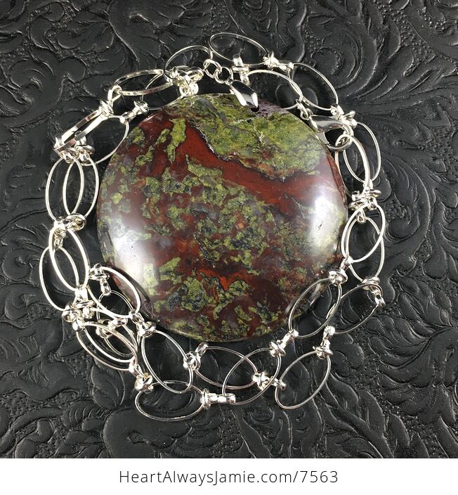 Round Green and Red African Bloodstone Jewelry Pendant Necklace with Oval Link Chain - #bzOpokM56qo-4