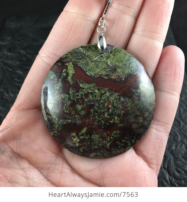 Round Green and Red African Bloodstone Jewelry Pendant Necklace with Oval Link Chain - #bzOpokM56qo-5