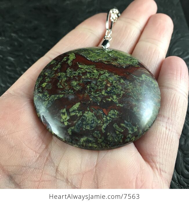 Round Green and Red African Bloodstone Jewelry Pendant Necklace with Oval Link Chain - #bzOpokM56qo-6