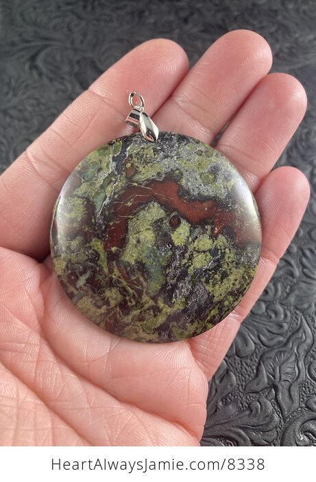 Round Green and Red African Bloodstone Natural Jewelry Pendant - #aYrBLkyjBpE-1