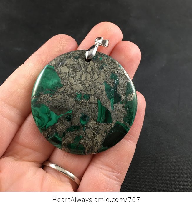 Round Green Malachite Stone and Pyrite Pendant - #Owla4sgFe5Y-1