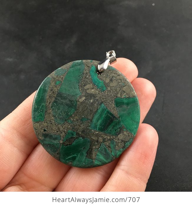 Round Green Malachite Stone and Pyrite Pendant Necklace - #Owla4sgFe5Y-2