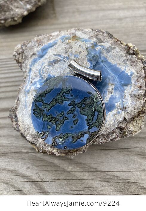 Round Moss Agate Owyhee Oregon Blue Opal Pendant - #Wcm3RmPyLTQ-1