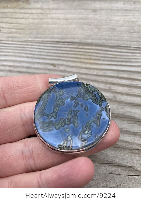 Round Moss Agate Owyhee Oregon Blue Opal Pendant - #Wcm3RmPyLTQ-4