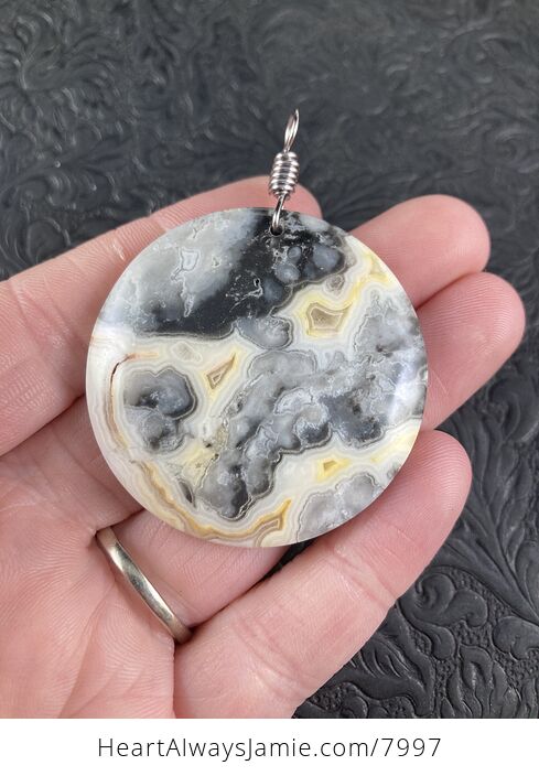 Round Natural Gray and Yellow Crazy Lace Agate Stone Jewelry Pendant - #vo3QUyn2HAg-1
