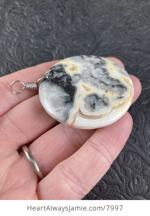 Round Natural Gray and Yellow Crazy Lace Agate Stone Jewelry Pendant - #vo3QUyn2HAg-3