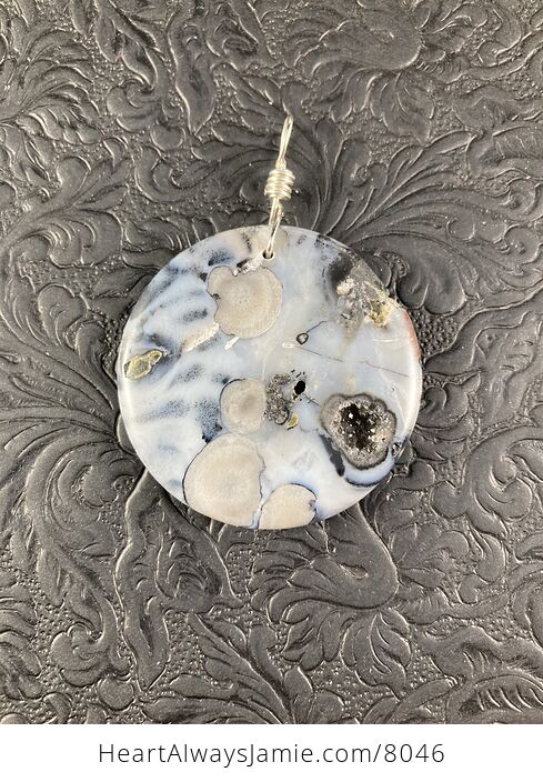 Round Natural Gray Milky Stone with Black Druzy Jewelry Pendant - #sCf8ZhjynrI-4