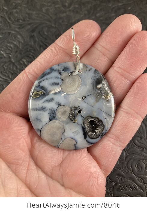 Round Natural Gray Milky Stone with Black Druzy Jewelry Pendant - #sCf8ZhjynrI-7