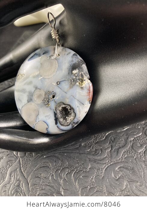 Round Natural Gray Milky Stone with Black Druzy Jewelry Pendant - #sCf8ZhjynrI-2