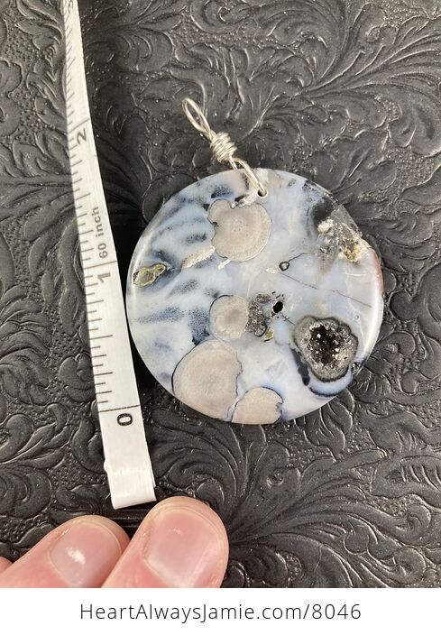 Round Natural Gray Milky Stone with Black Druzy Jewelry Pendant - #sCf8ZhjynrI-6