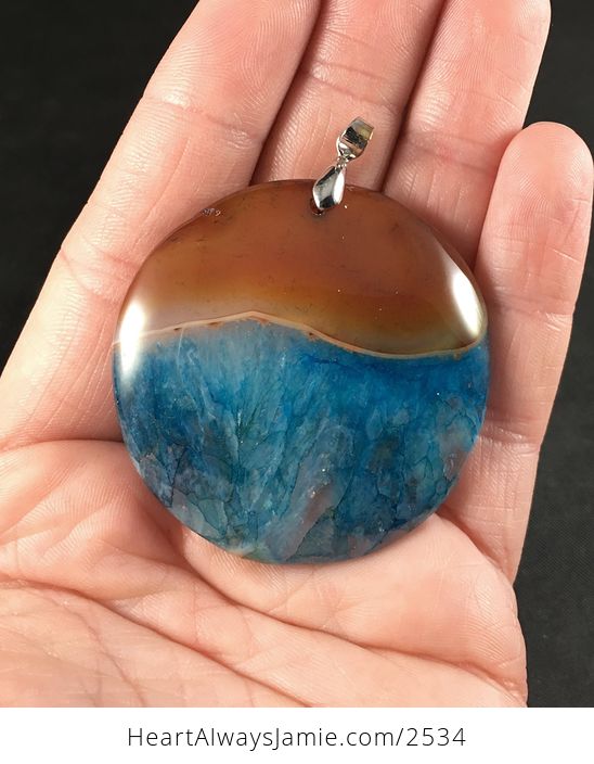 Round Ocean Sunset Orange and Beautiful Blue Druzy Agate Stone Pendant - #Kz96bTqtoo4-1