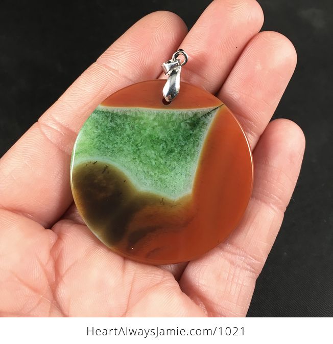 Round Orange and Green Druzy Agate Stone Pendant Necklace - #ndbA7jyA0ok-2