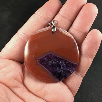 Round Orange and Purple Druzy Agate Stone Pendant #GigJfalXRQo