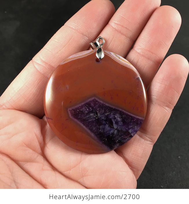 Round Orange and Purple Druzy Agate Stone Pendant - #GigJfalXRQo-1