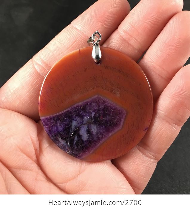 Round Orange and Purple Druzy Agate Stone Pendant Necklace - #GigJfalXRQo-2