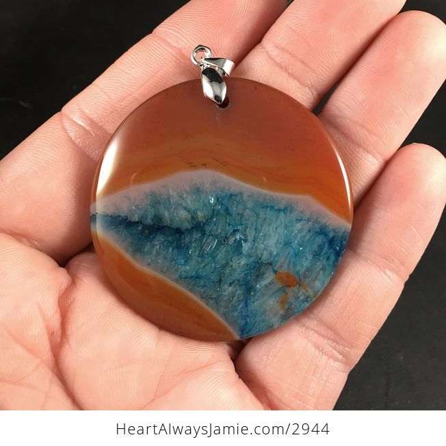 Round Pretty Orange and Blue Druzy Agate Stone Pendant - #8Cu1rFXX4dQ-1