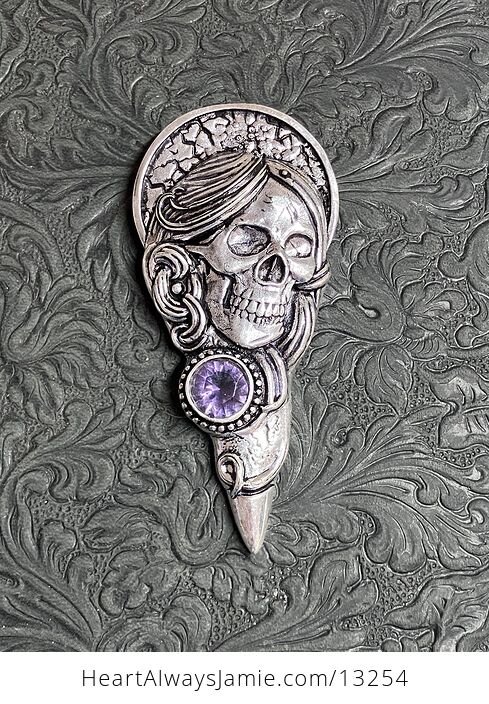 Santa Muerte Skull Pendant with a Faceted Amethyst Gem Stone Crystal Jewelry - #TROM4wgQW04-5