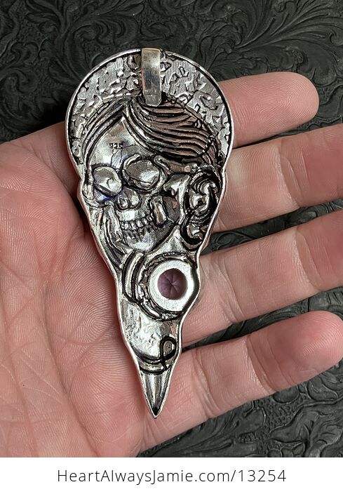 Santa Muerte Skull Pendant with a Faceted Amethyst Gem Stone Crystal Jewelry - #TROM4wgQW04-4