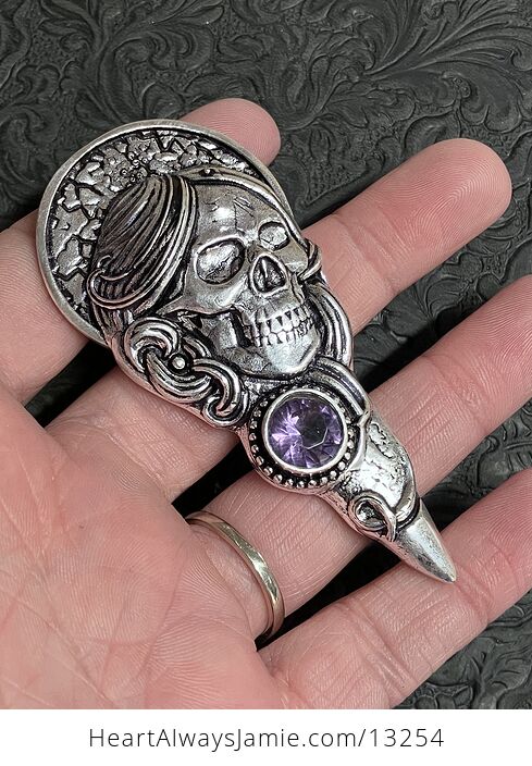 Santa Muerte Skull Pendant with a Faceted Amethyst Gem Stone Crystal Jewelry - #TROM4wgQW04-2