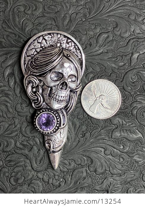 Santa Muerte Skull Pendant with a Faceted Amethyst Gem Stone Crystal Jewelry - #TROM4wgQW04-6